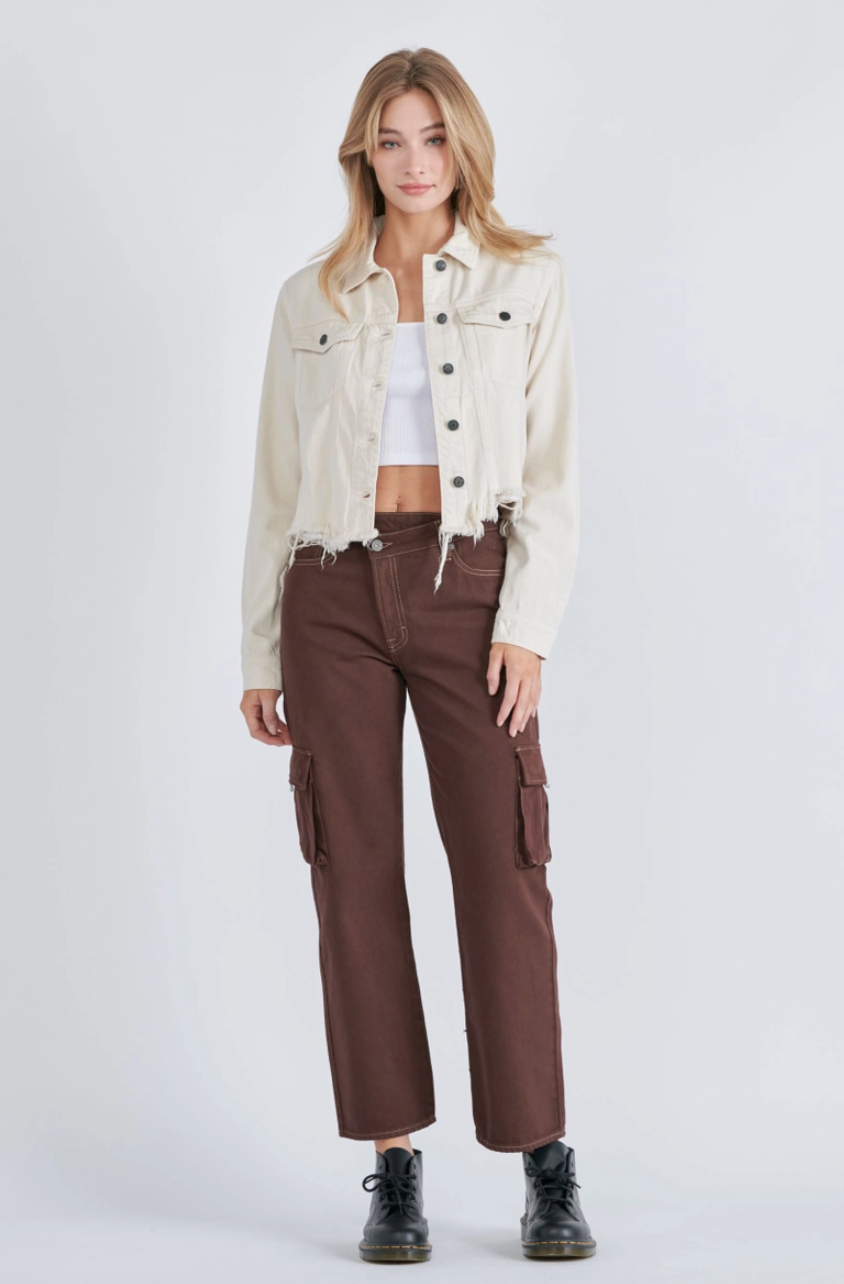 Cream Cropped Frayed Fitted Denim Jacket