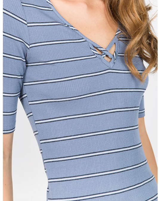 Blue/Black Stripe Rib Top with Over Lap Binding Neck