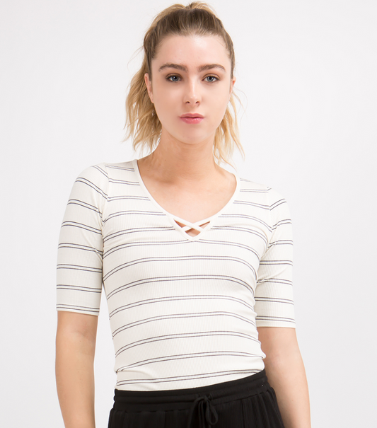 Ivory/Black Stripe Rib Top with Over Lap Binding Neck
