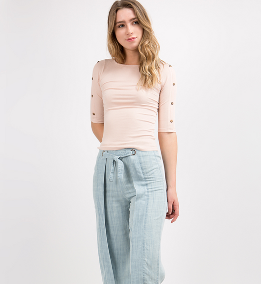 Mauve Solid Rib Top with Button Detail Sleeve