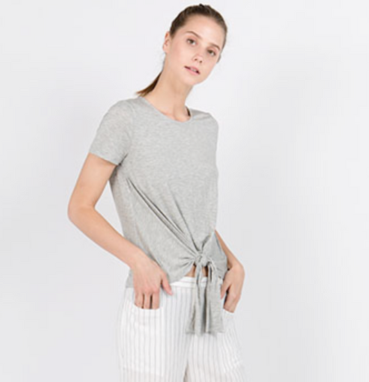 Heather Grey Short Slv Knit Top with Front Tie