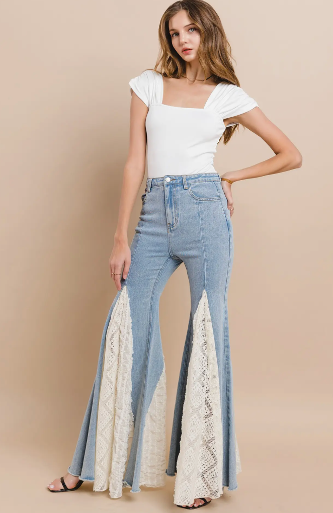 Light Denim WIde Leg With Lace Insert