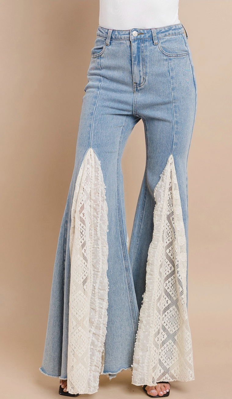 Light Denim WIde Leg With Lace Insert