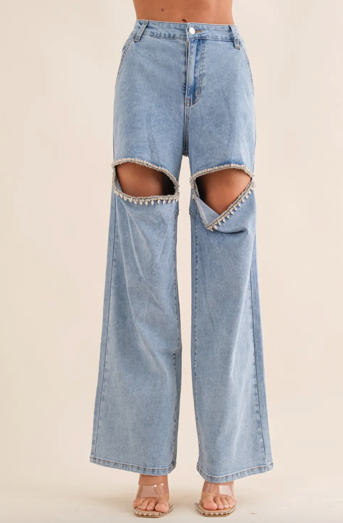 Cut Out Front Rhinestone Washed Denim Jeans