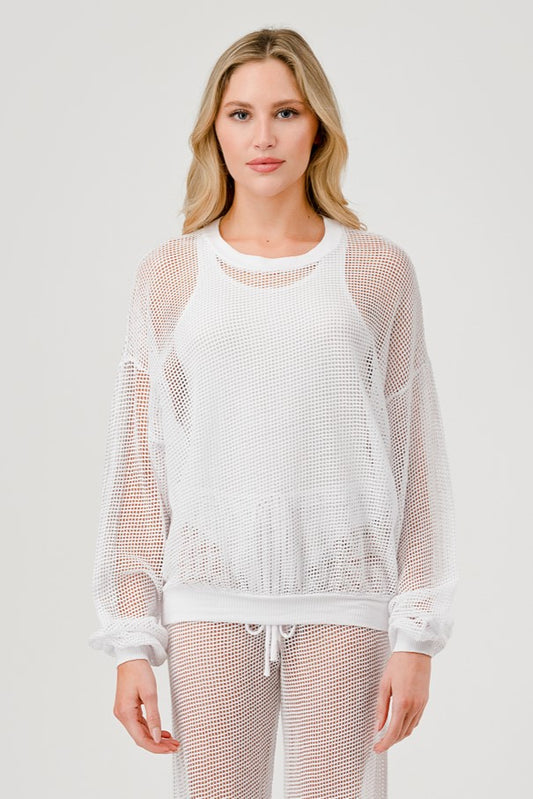 White Mesh Long Sleeve with Rib Band Top
