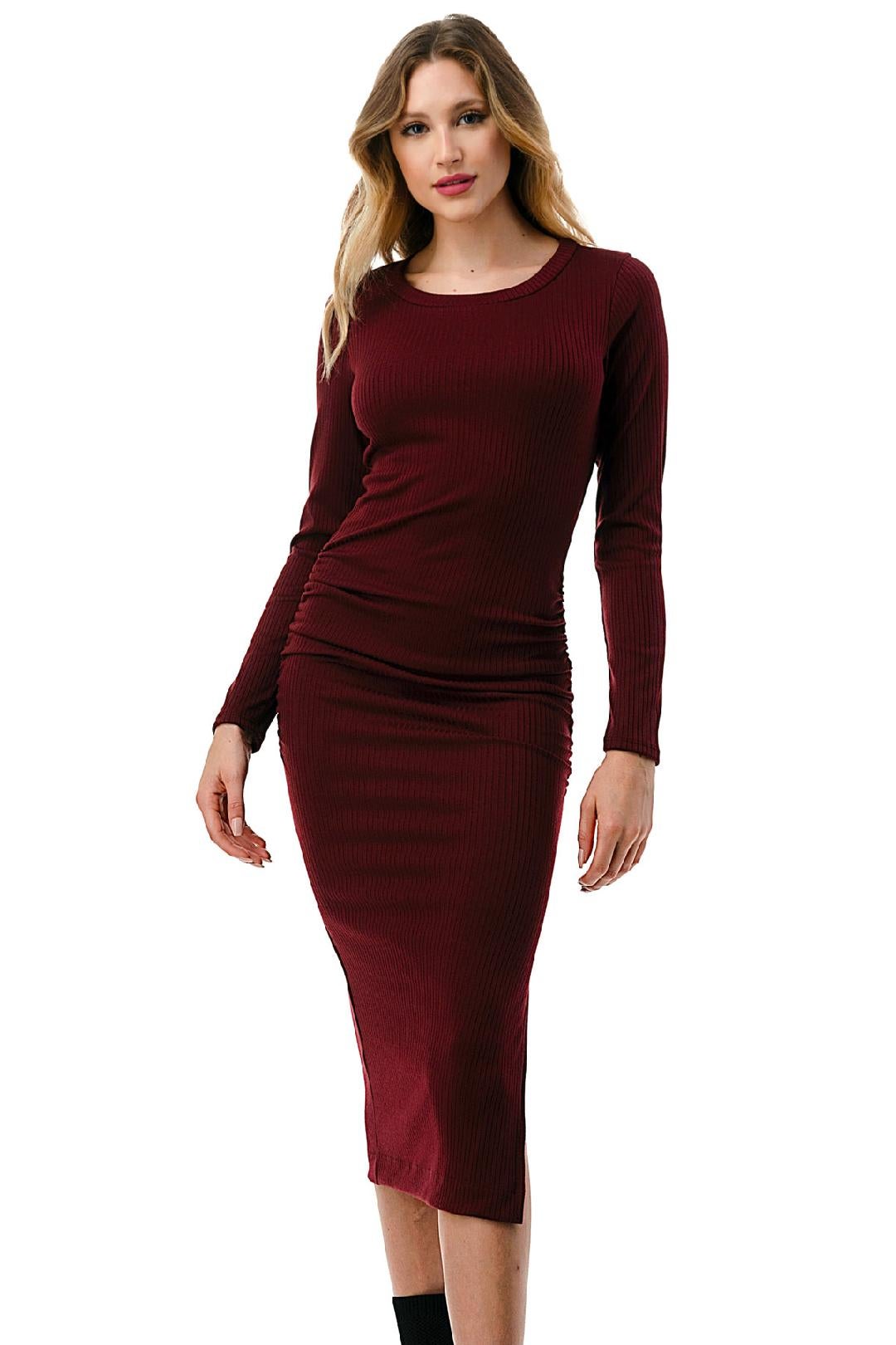  FINAL SALE Wine Long Sleeve Dress with Ruched Sides