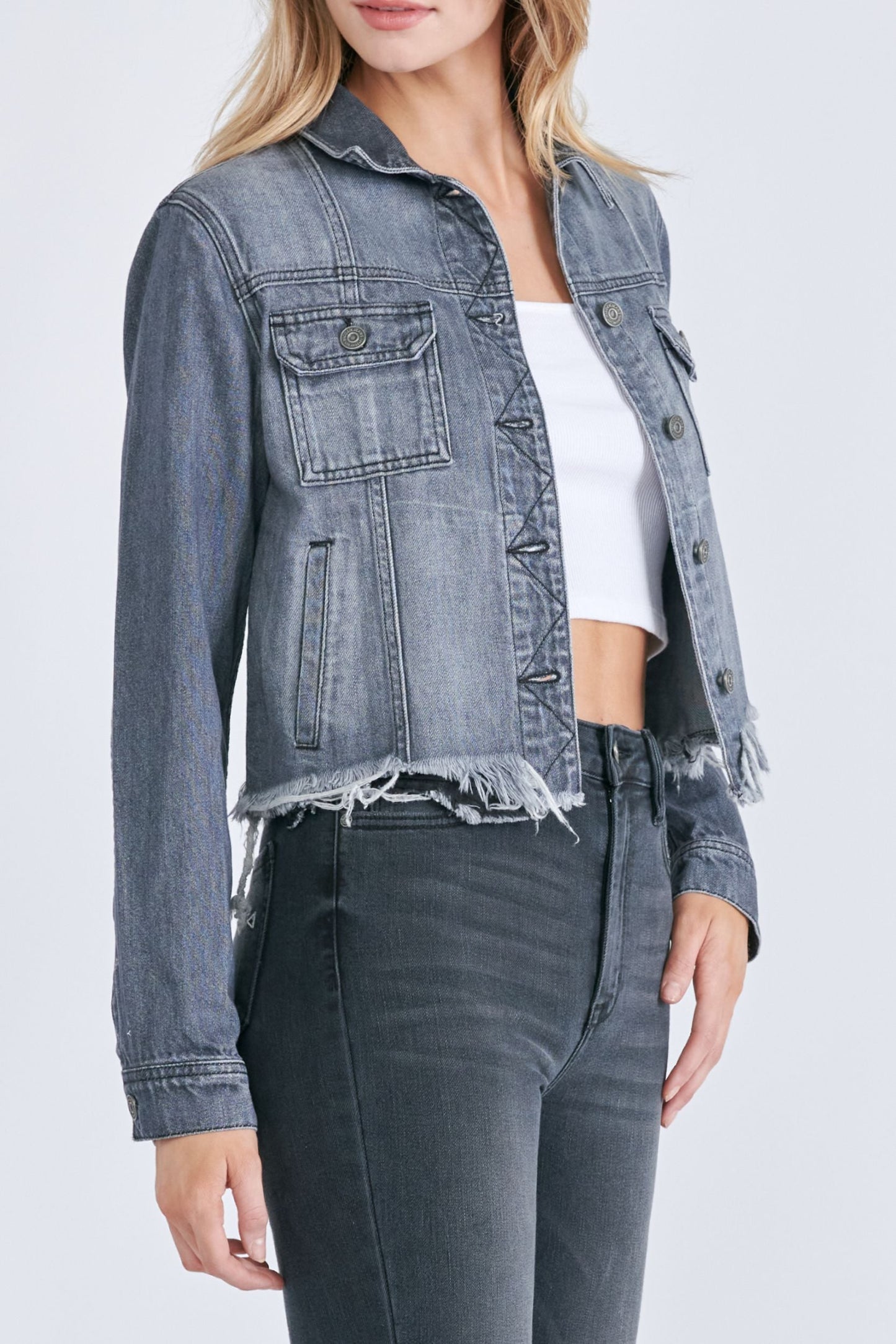  Grey Fitted Denim Jacket with Uneven Hem