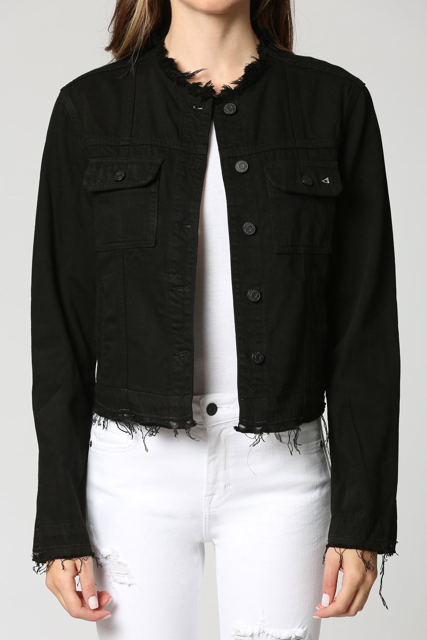  Black Collarless Jacket with Frayed Hem