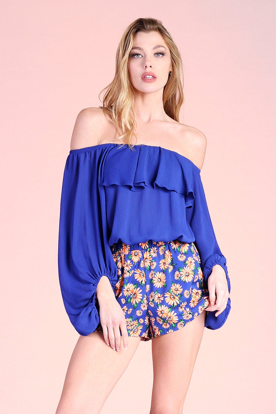  Royal Blue Off the Shoulder Balloon Top